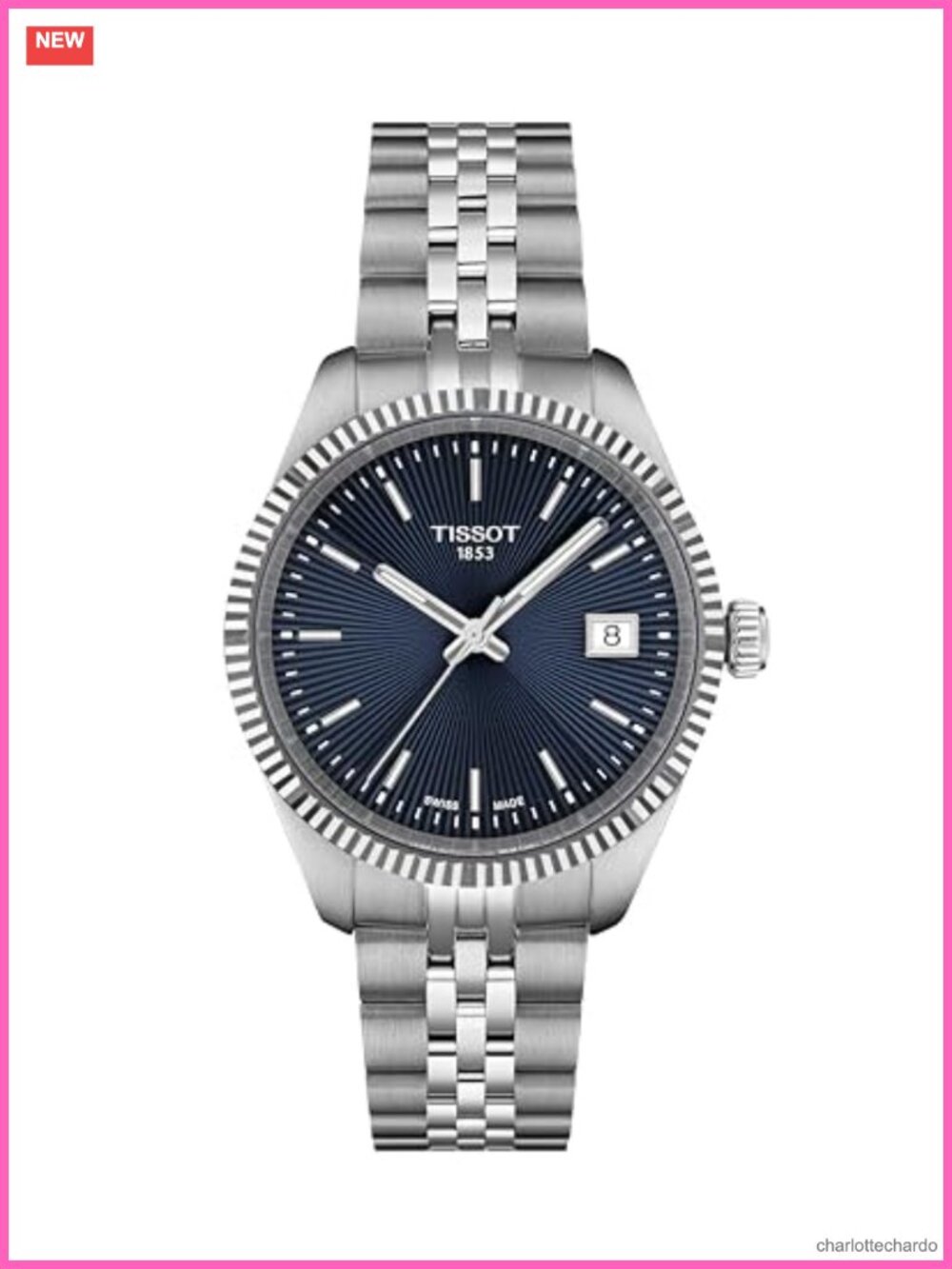 Swiss Quartz Watch, 34mm Stainless Steel, Water Resistant, Blue Dial, Date